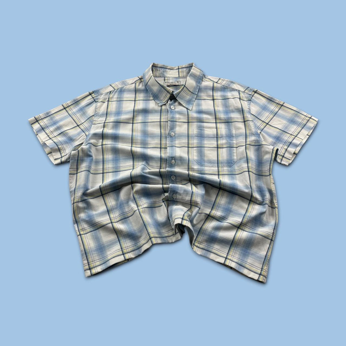 VINTAGE 00s FISHBONE CHECKERED CROPPED SHORT SLEEVE BUTTON UP SHIRT WHITE BLUE