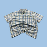 VINTAGE 00s FISHBONE CHECKERED CROPPED SHORT SLEEVE BUTTON UP SHIRT WHITE BLUE