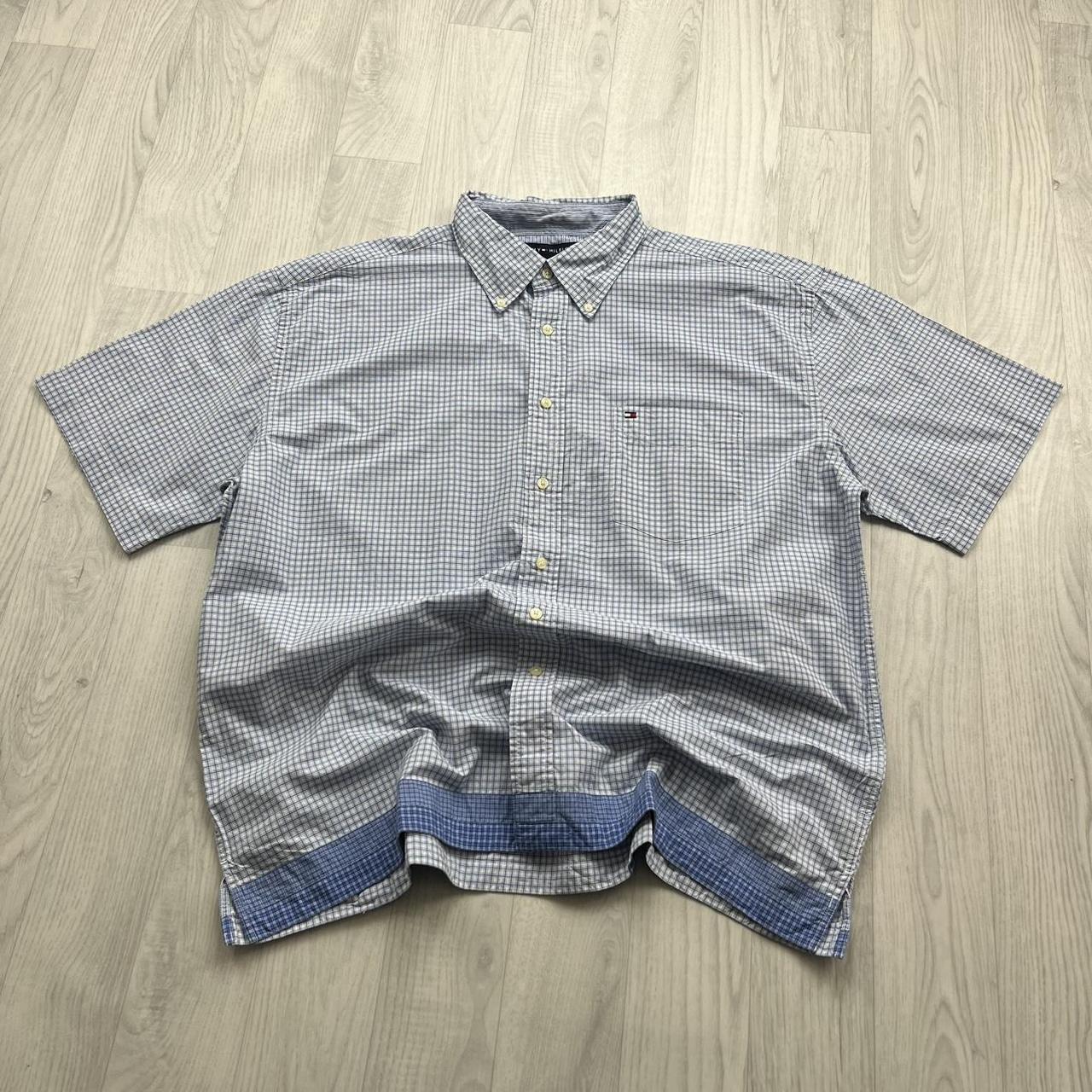 VINTAGE Y2K TOMMY HILFIGER GINGHAM SHORT SLEEVE BUTTON UP SHIRT LIGHT BLUE