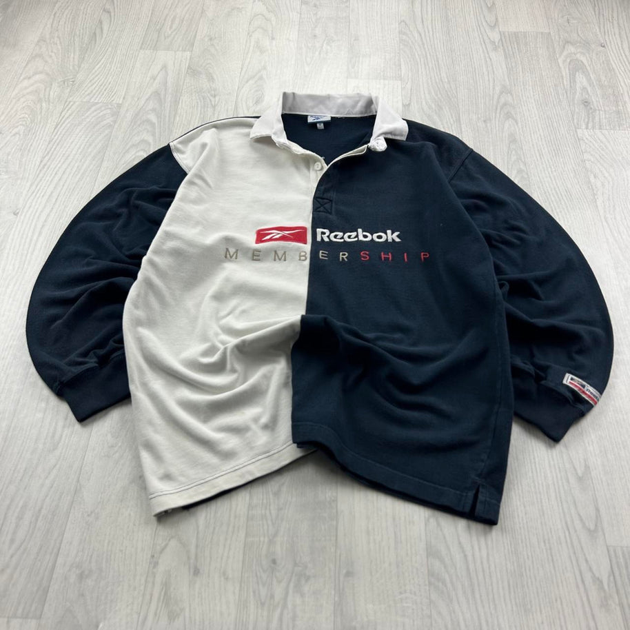 VINTAGE Y2K REEBOK LONG SLEEVE RUGBY POLO SHIRT NAVY WHITE