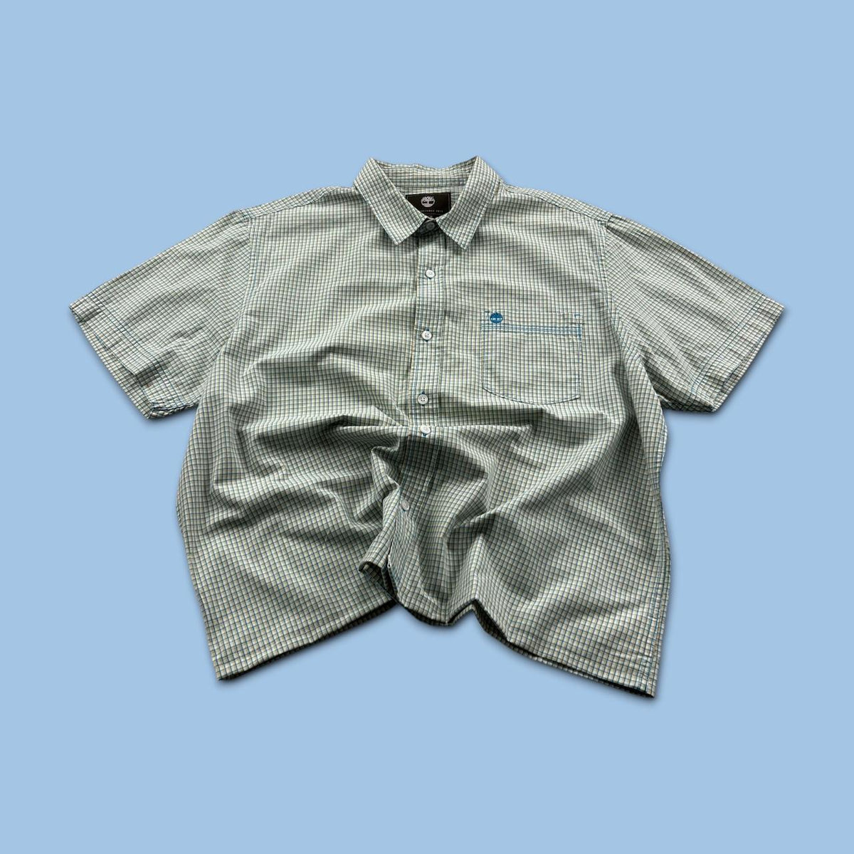 VINTAGE 00s TIMBERLAND CHECKERED CROPPED SHORT SLEEVE BUTTON UP SHIRT GREEN