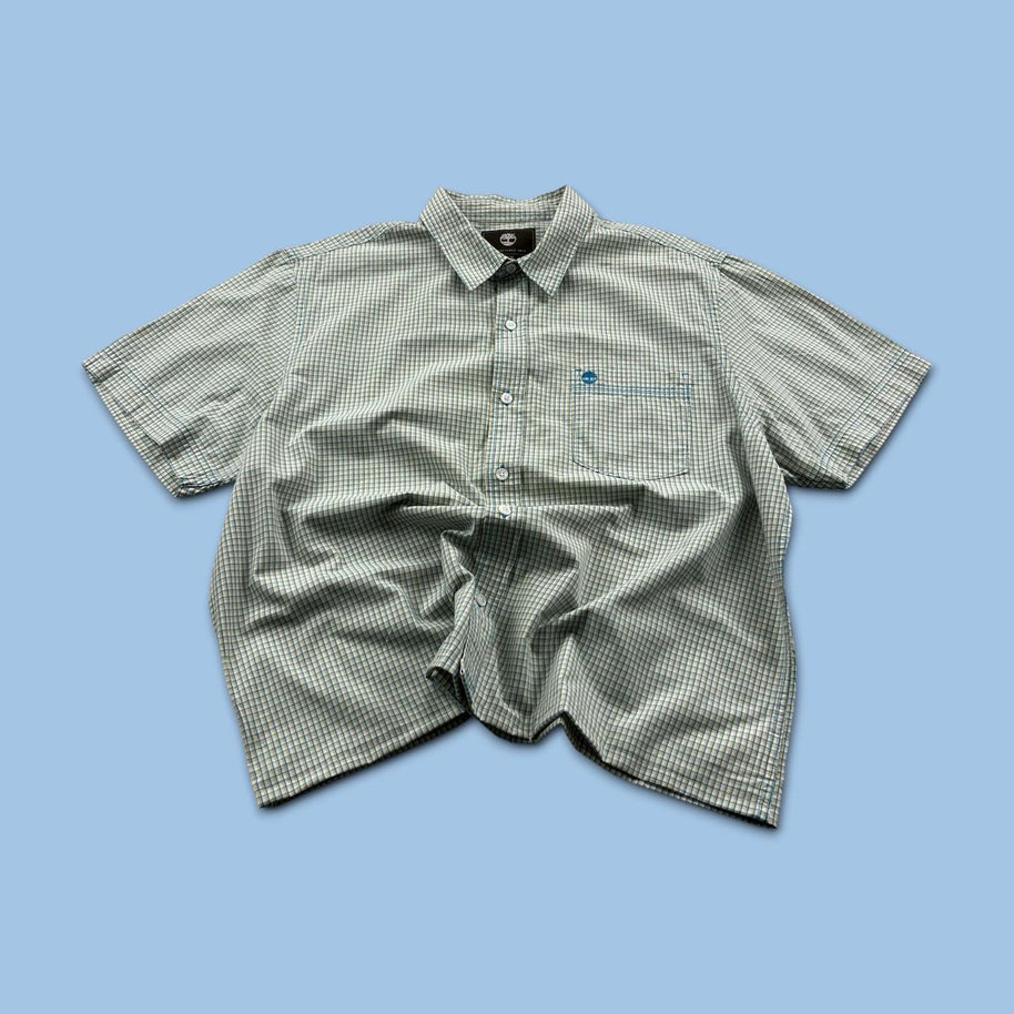 VINTAGE 00s TIMBERLAND CHECKERED CROPPED SHORT SLEEVE BUTTON UP SHIRT GREEN