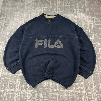 VINTAGE Y2K FILA QUARTER ZIP HEAVY KNITTED JUMPER NAVY