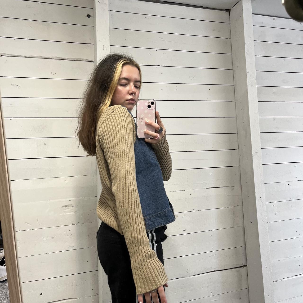 VINTAGE Y2K DENIM RIBBED SLEEVE JACKET BLUE BEIGE (L)