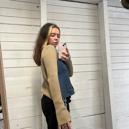 VINTAGE Y2K DENIM RIBBED SLEEVE JACKET BLUE BEIGE (L)