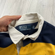 VINTAGE Y2K RALPH LAUREN STRIPED LONG SLEEVE RUGBY POLO SHIRT YELLOW / NAVY