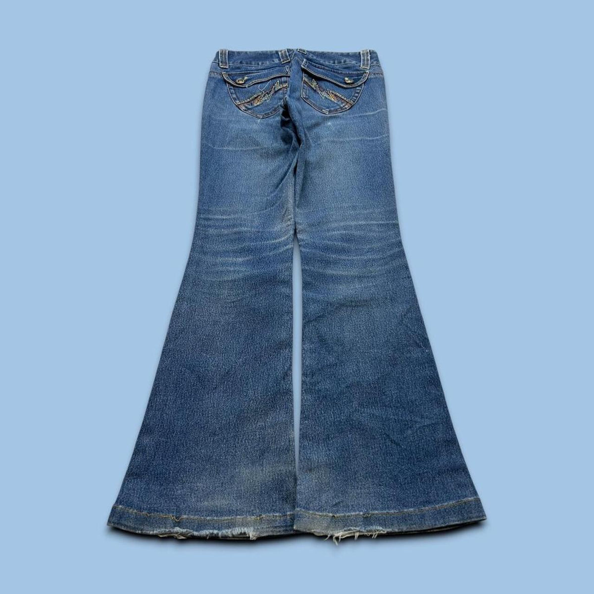 VINTAGE Y2K EGOIST LOW RISE EMBROIDERED FLARED JEANS BLUE
