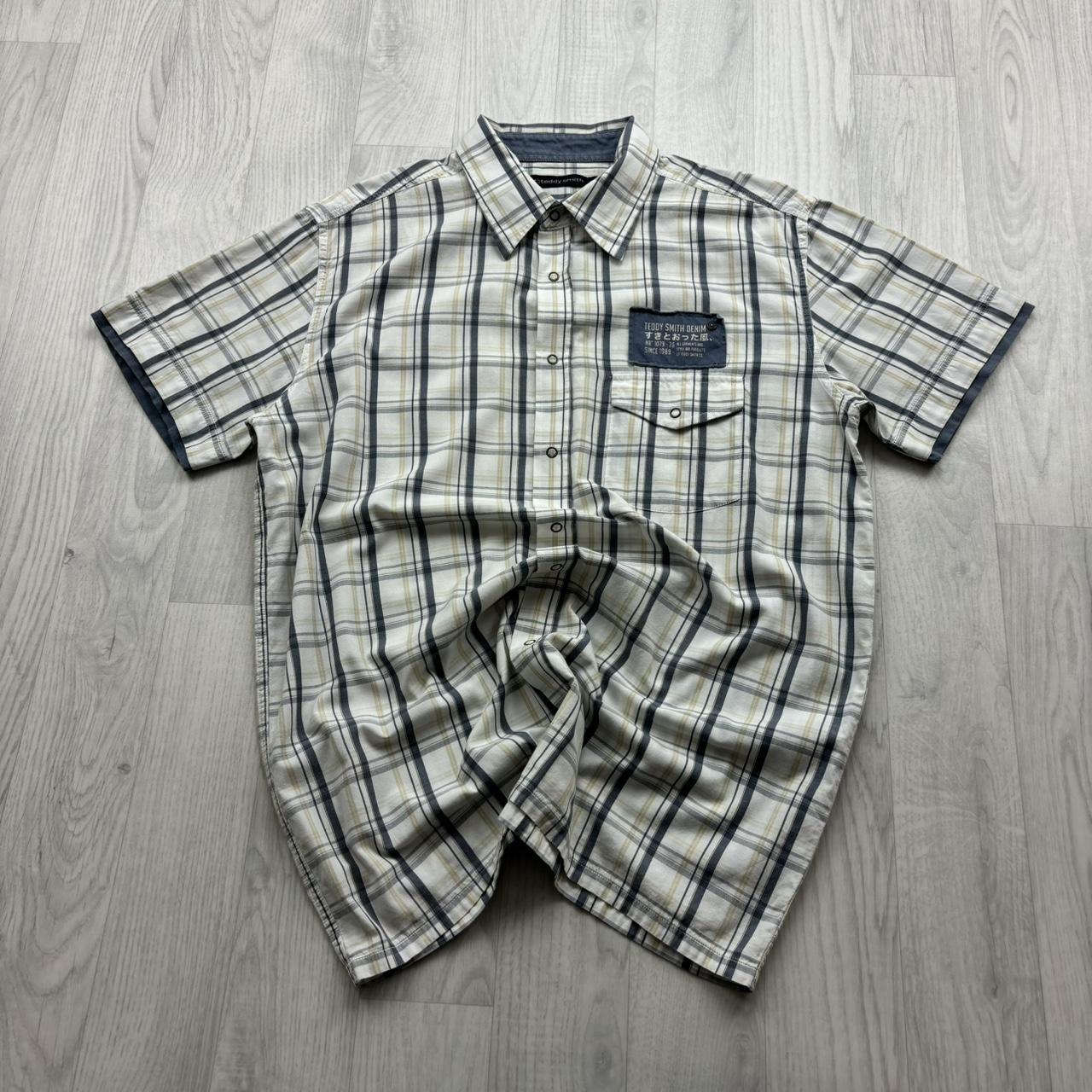 VINTAGE Y2K TEDDY SMITH PLAID SHORT SLEEVE SHIRT WHITE / NAVY
