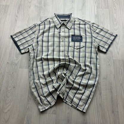 VINTAGE Y2K TEDDY SMITH PLAID SHORT SLEEVE SHIRT WHITE / NAVY