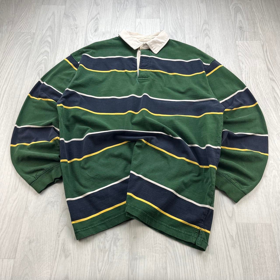 VINTAGE Y2K HAGGAR STRIPED LONG SLEEVE RUGBY POLO SHIRT GREEN