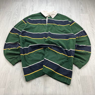 VINTAGE Y2K HAGGAR STRIPED LONG SLEEVE RUGBY POLO SHIRT GREEN