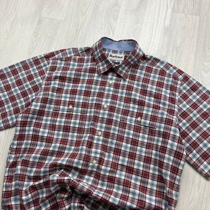 BARBOUR CHECKERED SHORT SLEEVE BUTTON UP SHIRT BURGUNDY / BLUE