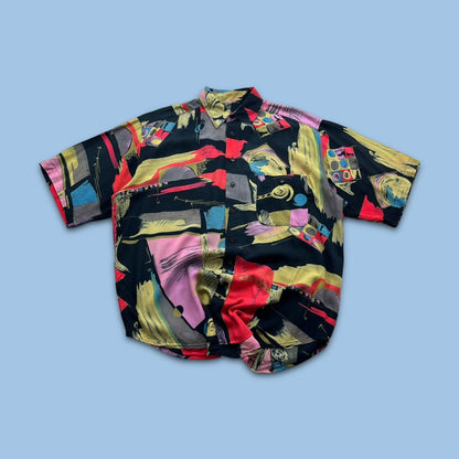 VINTAGE Y2K FUNKY PATTERN GRAPHIC SHORT SLEEVE BUTTON UP SHIRT MULTI
