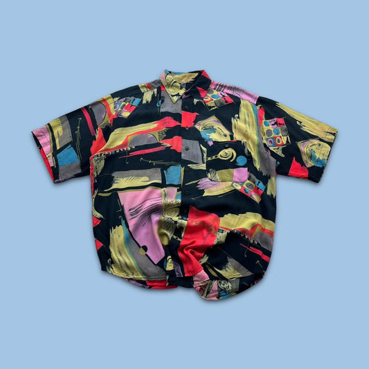 VINTAGE Y2K FUNKY PATTERN GRAPHIC SHORT SLEEVE BUTTON UP SHIRT MULTI