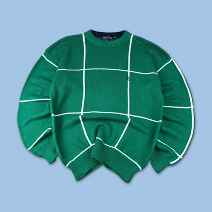VINTAGE Y2K NAUTICA CHECKERED KNITTED JUMPER GREEN