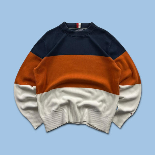 VINTAGE Y2K TOMMY HILFIGER CHUNKY STRIPED KNITTED JUMPER NAVY MULTI