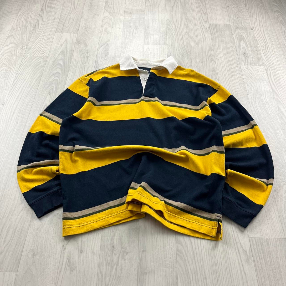 VINTAGE Y2K STRIPED LONG SLEEVE RUGBY POLO SHIRT YELLOW NAVY