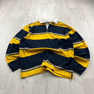 VINTAGE Y2K STRIPED LONG SLEEVE RUGBY POLO SHIRT YELLOW NAVY