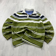 VINTAGE Y2K STRIPED LONG SLEEVE RUGBY POLO SHIRT GREEN