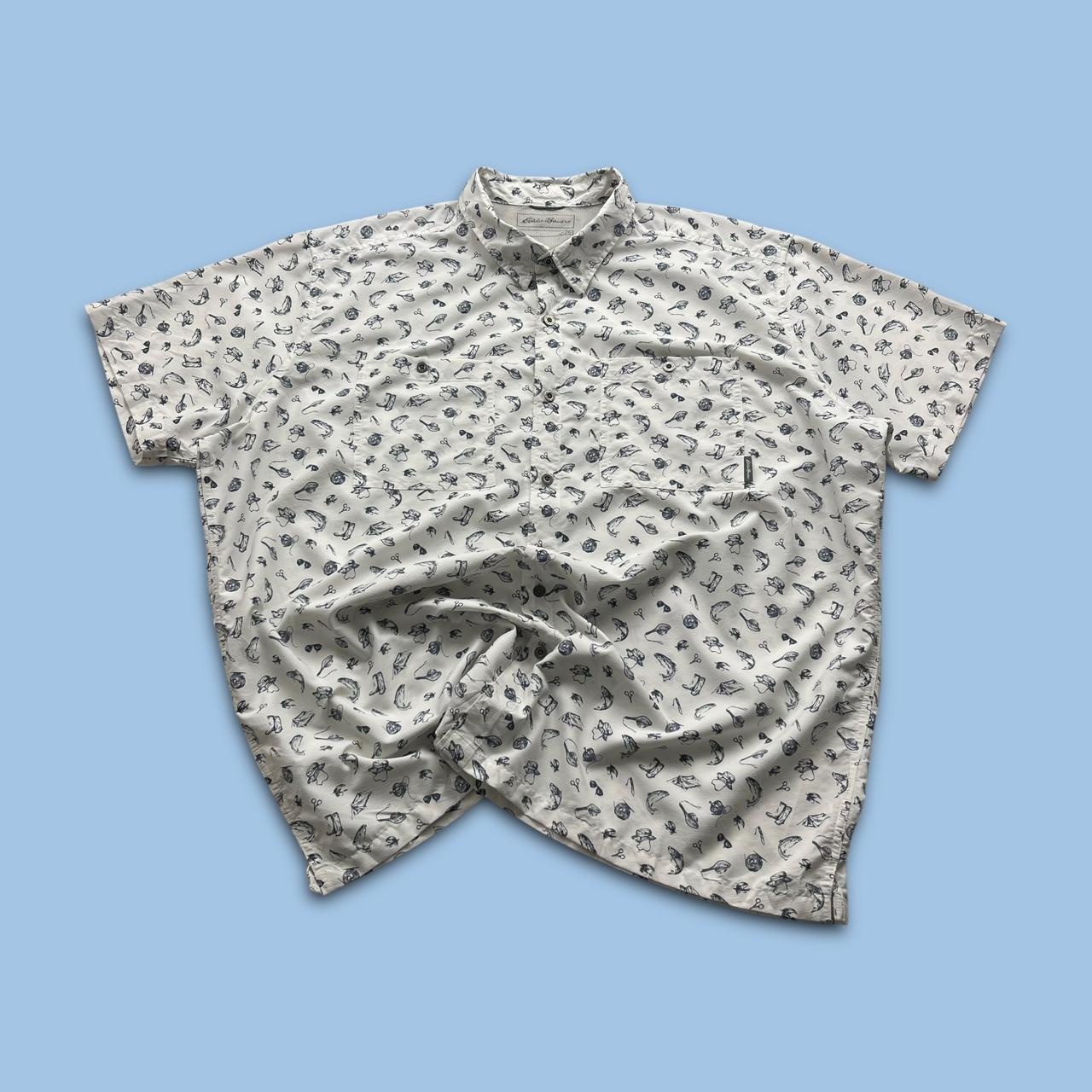 VINTAGE Y2K EDDIE BAUER ALL OVER PRINT SHORT SLEEVE SHIRT WHITE