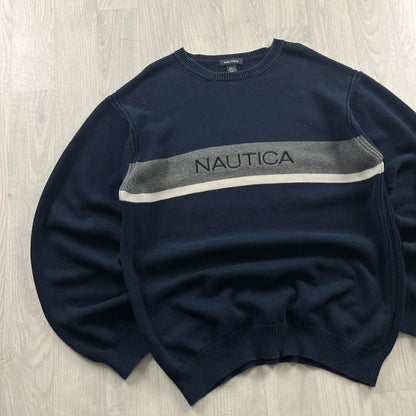 VINTAGE Y2K NAUTICA CHUNKY STRIPED KNITTED JUMPER NAVY