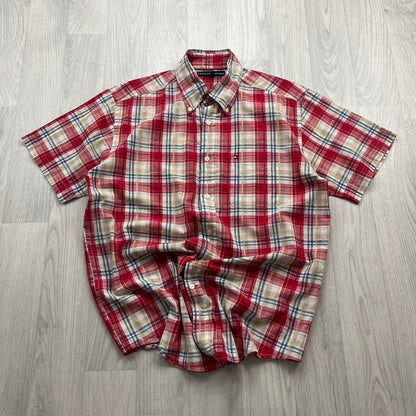 VINTAGE Y2K TOMMY HILFIGER PLAID SHORT SLEEVE BUTTON UP SHIRT RED