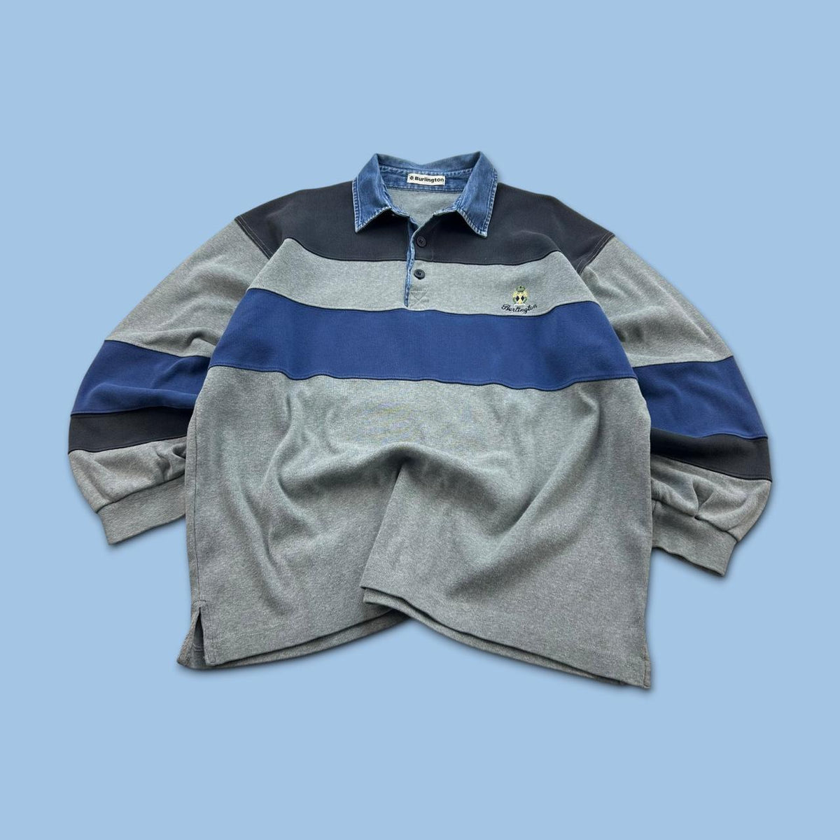 VINTAGE Y2K STRIPED LONG SLEEVE RUGBY POLO SHIRT GREY