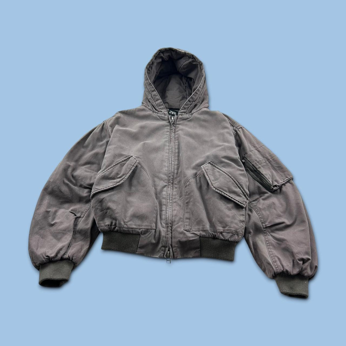 ZARA HOODED UTILITY BOMBER JACKET GREY