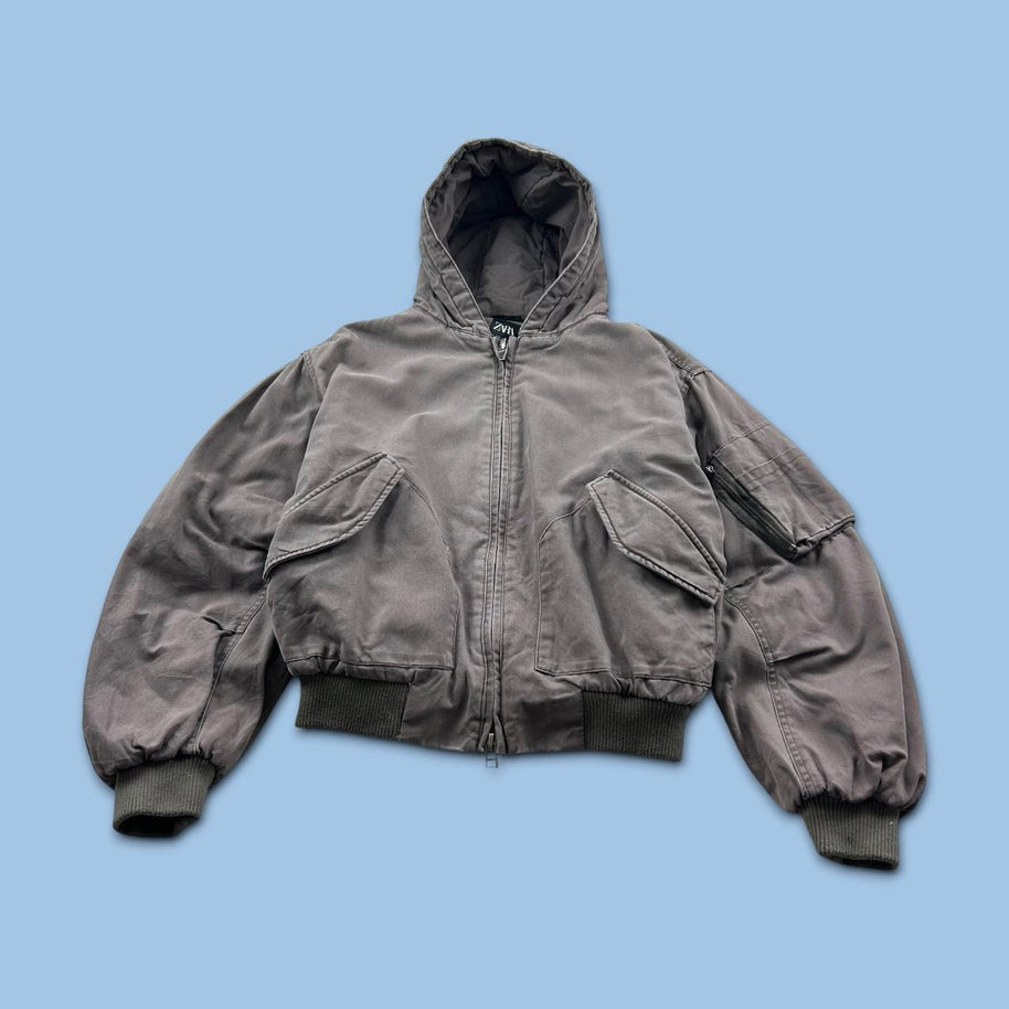 ZARA HOODED UTILITY BOMBER JACKET GREY