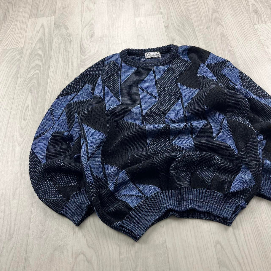 VINTAGE 90s PATTERN KNITTED JUMPER BLACK / BLUE