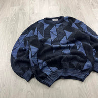 VINTAGE 90s PATTERN KNITTED JUMPER BLACK / BLUE