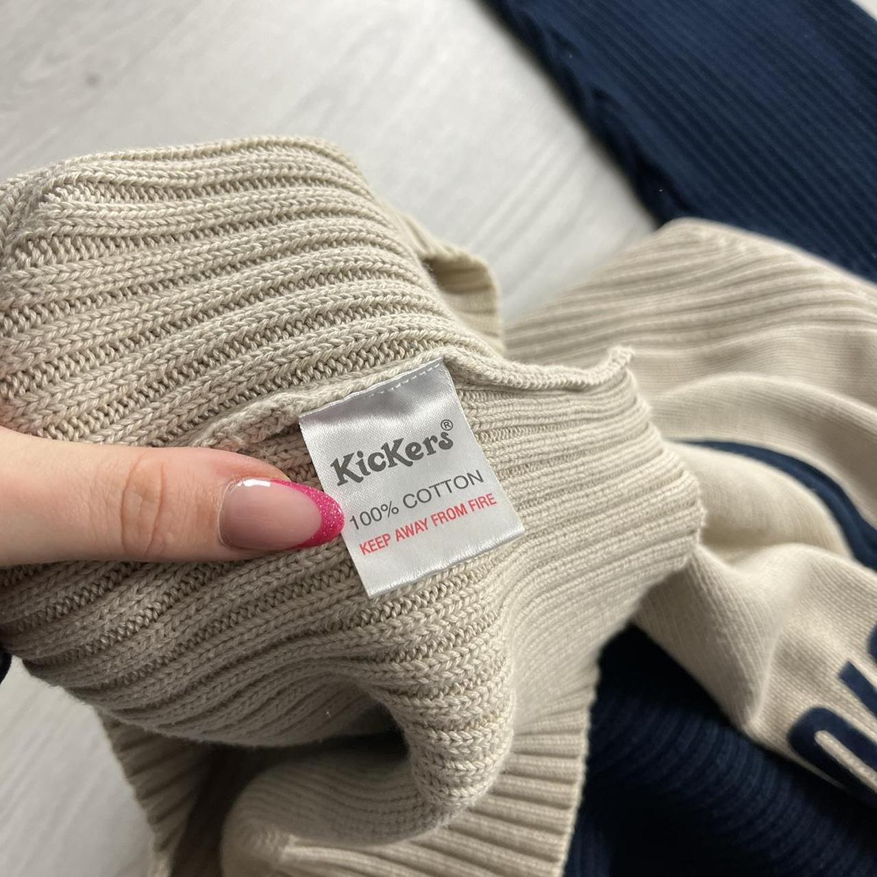 VINTAGE Y2K KICKERS CHUNKY RIBBED SPELL OUT ZIP KNITTED JUMPER CREAM NAVY