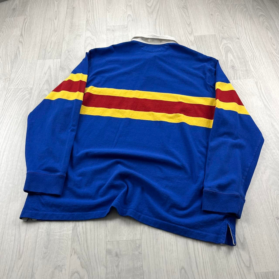 VINTAGE Y2K POLO SPORT STRIPED LONG SLEEVE RUGBY POLO SHIRT BLUE