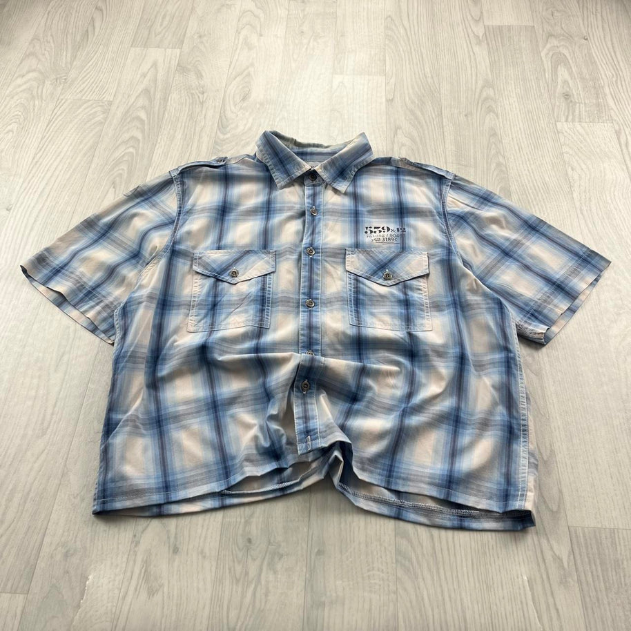 VINTAGE 00s CHEROKEE CHECKERED CROPPED SHORT SLEEVE BUTTON UP SHIRT BLUE WHITE
