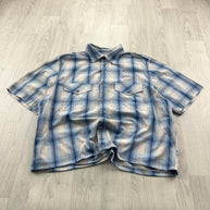 VINTAGE 00s CHEROKEE CHECKERED CROPPED SHORT SLEEVE BUTTON UP SHIRT BLUE WHITE