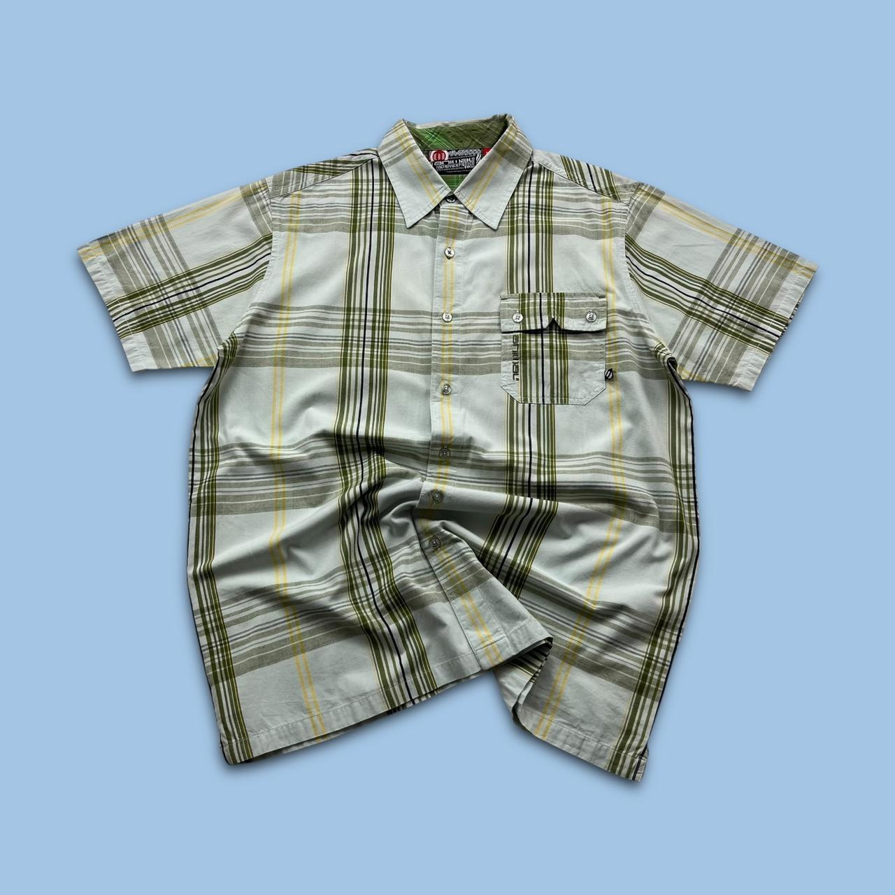 VINTAGE Y2K ANIMAL PLAID BUTTON UP SHORT SLEEVE SHIRT CREAM / GREEN