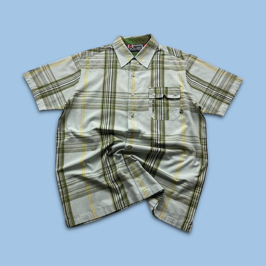 VINTAGE Y2K ANIMAL PLAID BUTTON UP SHORT SLEEVE SHIRT CREAM / GREEN
