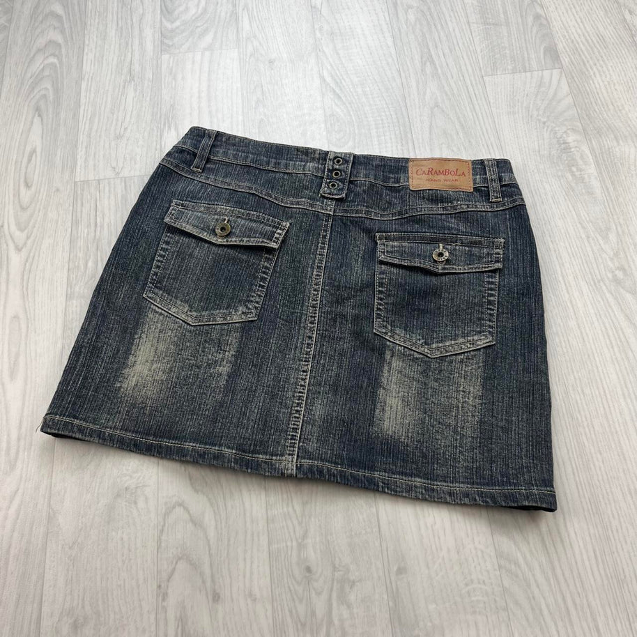 VINTAGE Y2K LOW RISE UTILITY DENIM MINI SKIRT BLUE WASH