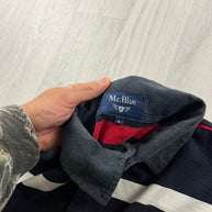 VINTAGE Y2K STRIPED LONG SLEEVE RUGBY POLO SHIRT NAVY