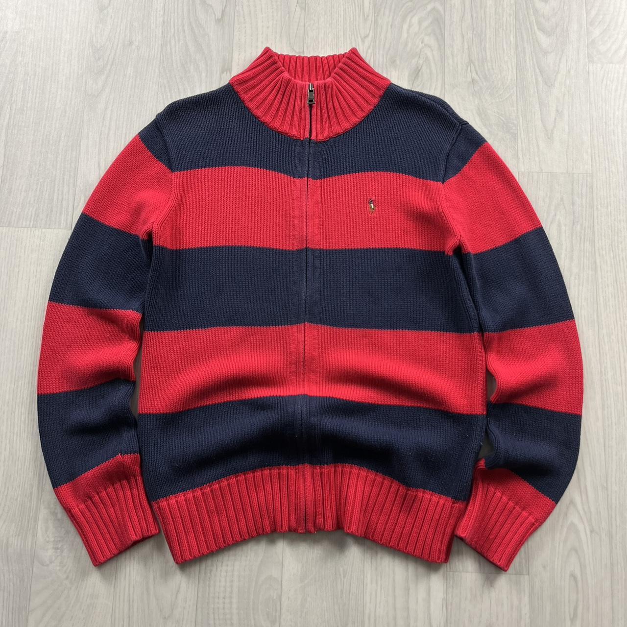 VINTAGE Y2K POLO RALPH LAUREN CHUNKY STRIPED ZIP KNITTED JUMPER NAVY RED