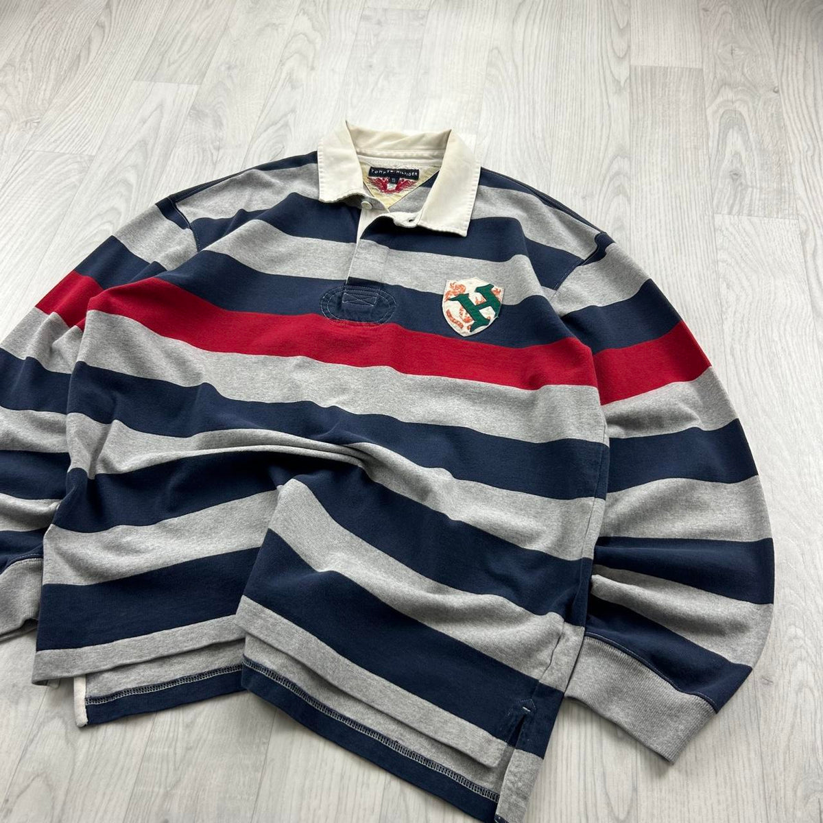 VINTAGE Y2K TOMMY HILFIGER STRIPED LONG SLEEVE RUGBY POLO SHIRT GREY / NAVY
