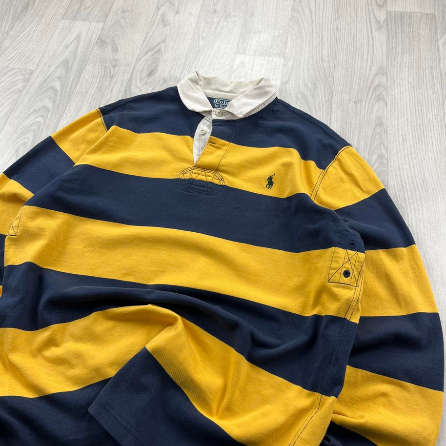 VINTAGE Y2K RALPH LAUREN STRIPED LONG SLEEVE RUGBY POLO SHIRT YELLOW / NAVY