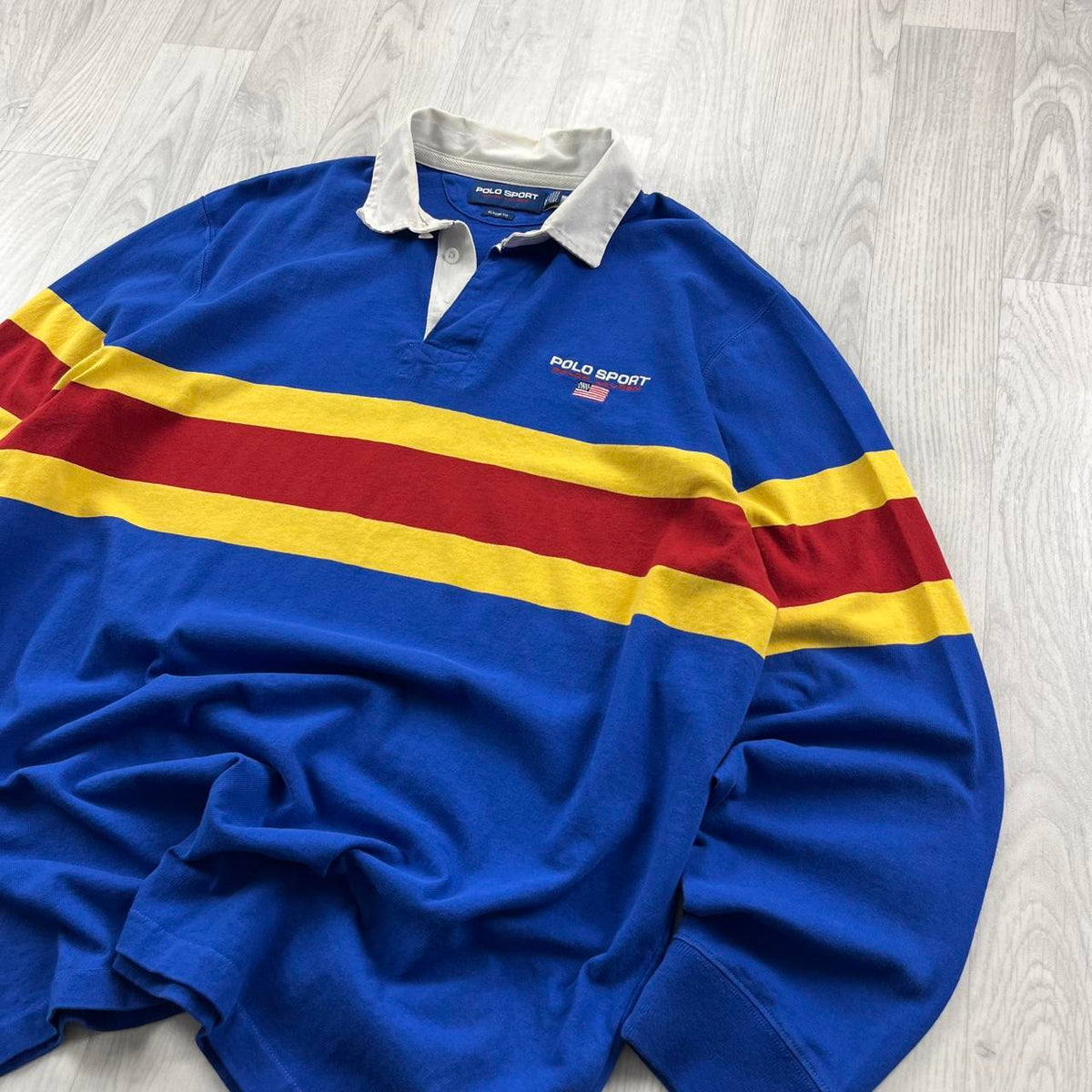 VINTAGE Y2K POLO SPORT STRIPED LONG SLEEVE RUGBY POLO SHIRT BLUE