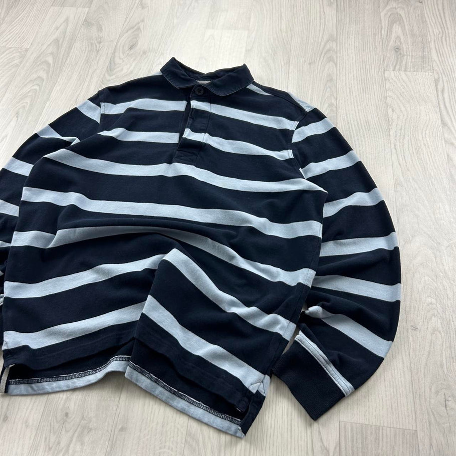 VINTAGE Y2K STRIPED LONG SLEEVE RUGBY POLO SHIRT NAVY / BLUE