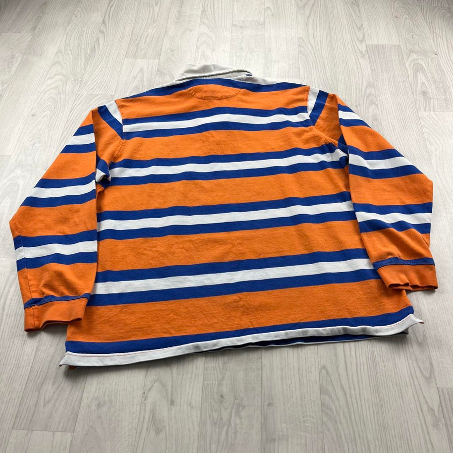 VINTAGE Y2K CHAPS STRIPED LONG SLEEVE RUGBY POLO SHIRT ORANGE