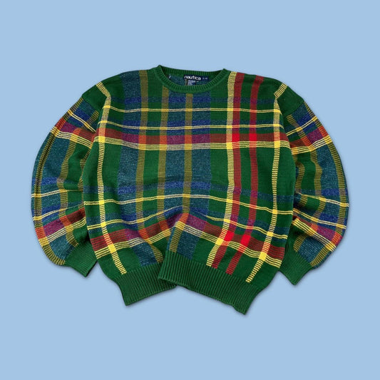 VINTAGE 90s NAUTICA PATTERN CHUNKY ESSENTIAL KNITTED JUMPER GREEN