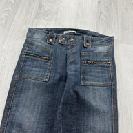 VINTAGE Y2K PINK FLAMINGO LOW RISE BOOTCUT FLARED BUCKLE JEANS BLUE