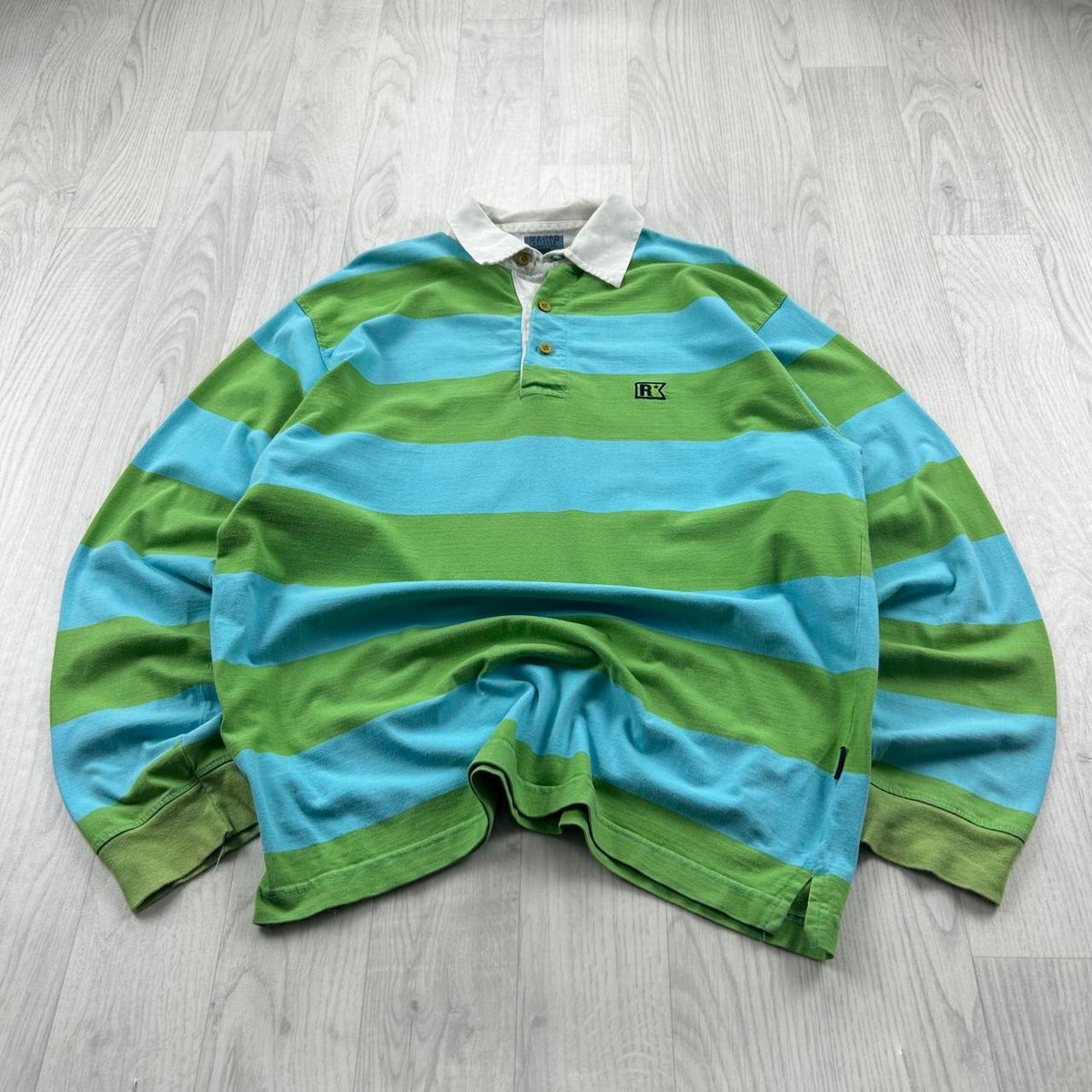 VINTAGE Y2K STRIPED LONG SLEEVE GRAPHIC RUGBY POLO SHIRT GREEN / BLUE