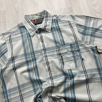 VINTAGE Y2K ANIMAL PLAID SHORT SLEEVE BUTTON SHIRT WHITE / BLUE