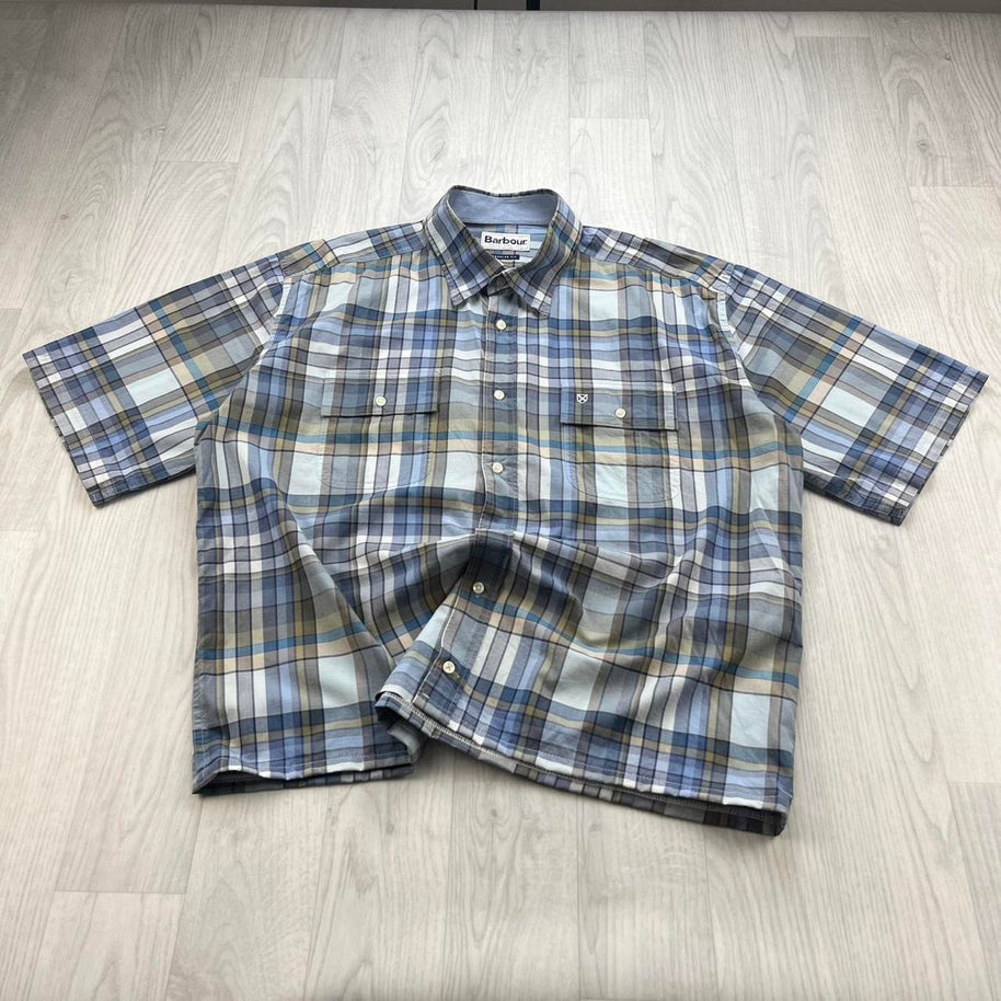 VINTAGE 00s BARBOUR CHECKERED CROPPED SHORT SLEEVE BUTTON UP SHIRT BLUE